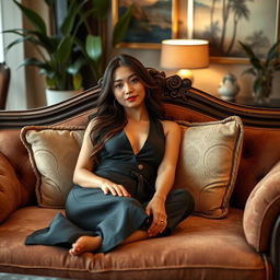 A beautiful Asian woman reclining on a luxurious sofa, wearing a stylish and elegant outfit