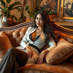 A beautiful Asian woman reclining on a luxurious sofa, wearing a stylish and elegant outfit