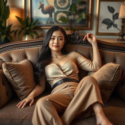 A beautiful Asian woman reclining on a luxurious sofa, wearing a stylish and elegant outfit