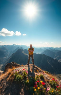 A visually inspiring representation of self-reliance, featuring a solitary figure standing confidently on a mountain peak, overlooking a vast landscape