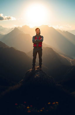 A visually inspiring representation of self-reliance, featuring a solitary figure standing confidently on a mountain peak, overlooking a vast landscape