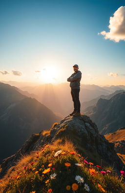 A visually inspiring representation of self-reliance, featuring a solitary figure standing confidently on a mountain peak, overlooking a vast landscape