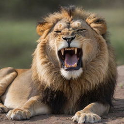 A scouting 8K resolution image of a lion lazily lounging, yet roaring relentlessly with saliva dripping from its sharp teeth, creating a sense of chilling unease.