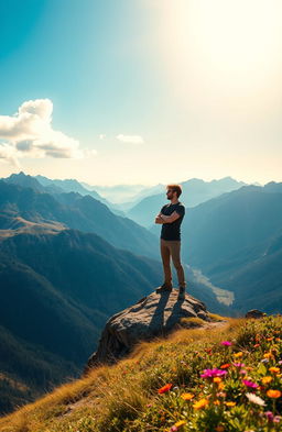 A visually inspiring representation of self-reliance, featuring a solitary figure standing confidently on a mountain peak, overlooking a vast landscape