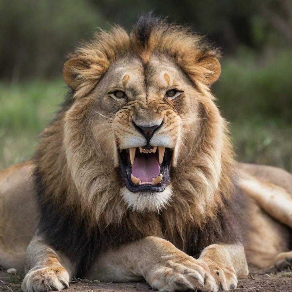 A scouting 8K resolution image of a lion lazily lounging, yet roaring relentlessly with saliva dripping from its sharp teeth, creating a sense of chilling unease.