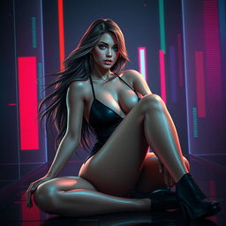 A realistic, visually striking image of a sexy woman sitting in an inviting pose