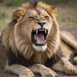 A scouting 8K resolution image of a lion lazily lounging, yet roaring relentlessly with saliva dripping from its sharp teeth, creating a sense of chilling unease.