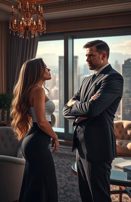 A romantic scene featuring a confident woman with long flowing hair, playfully encountering her grumpy billionaire boss in an elegant office filled with luxurious decor and a stunning city view in the background