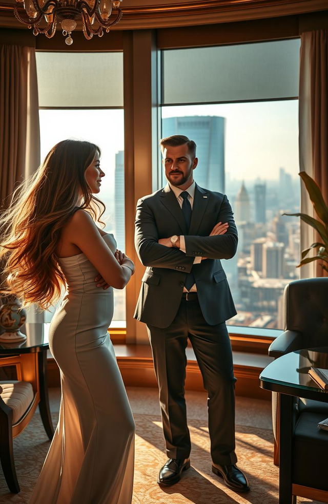 A romantic scene featuring a confident woman with long flowing hair, playfully encountering her grumpy billionaire boss in an elegant office filled with luxurious decor and a stunning city view in the background