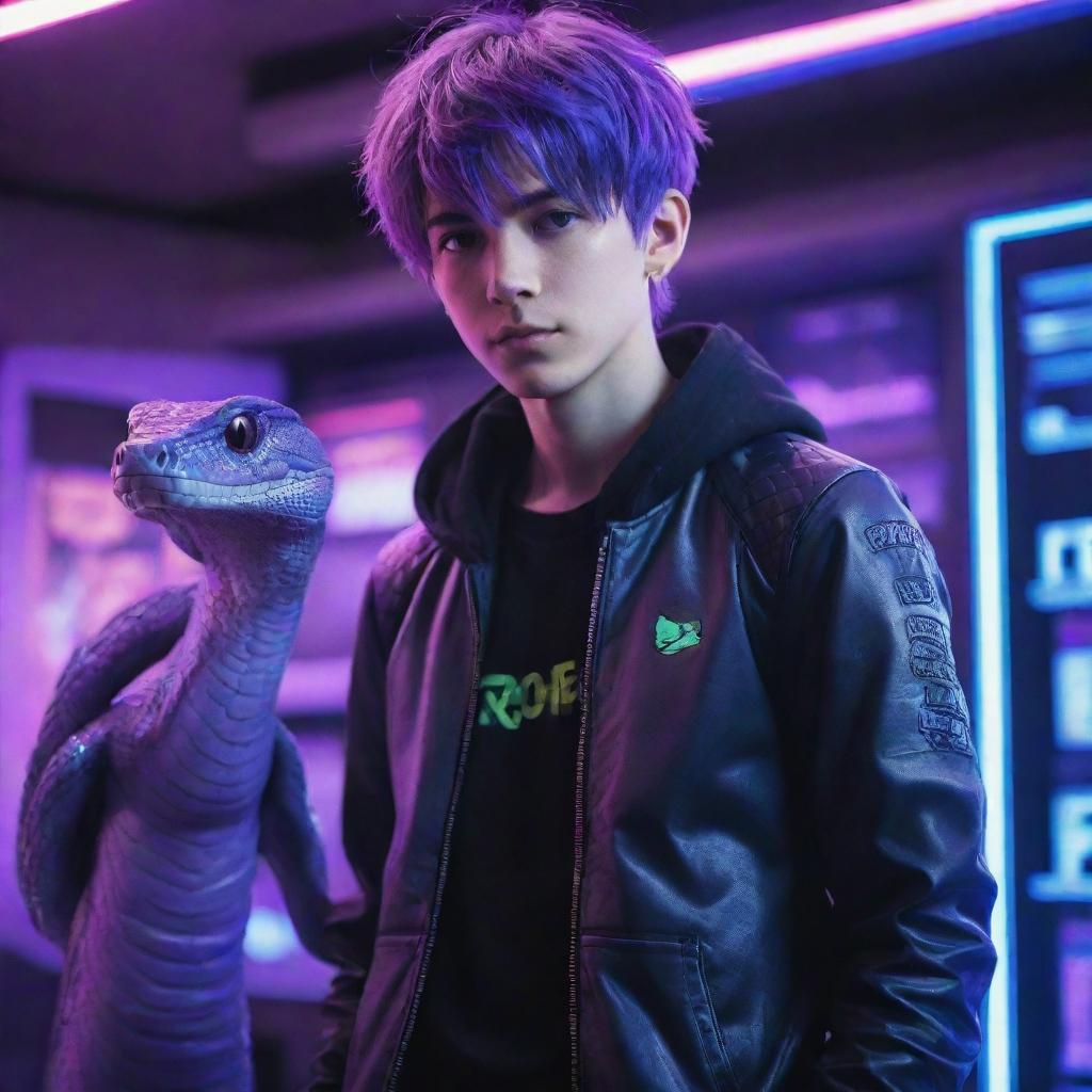 A purple-haired anime boy with a rogue-like gamer aura, accompanied by his pet viper. They're standing tall in a high-tech gaming room, neon lights reflecting off the snake's glossy scales.