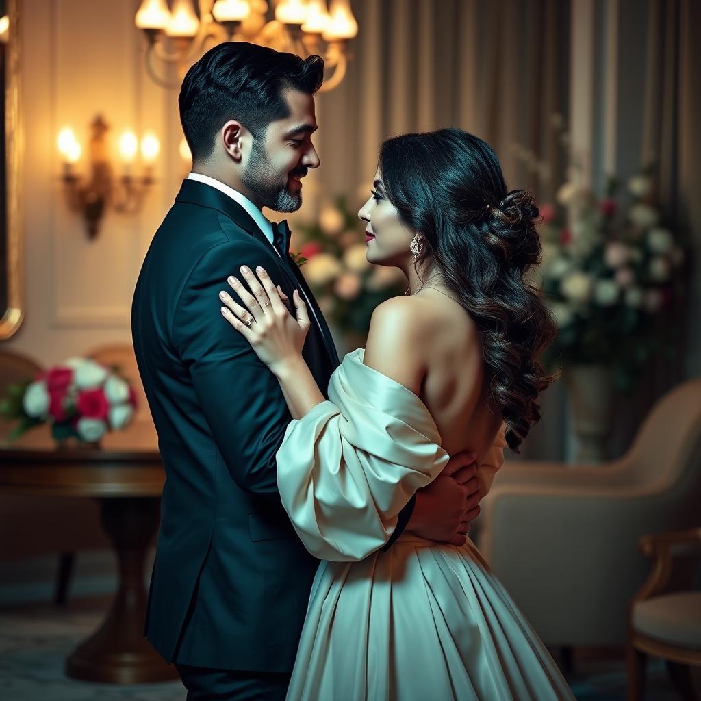 A romantic couple embracing tenderly in an intimate setting, with the man in a sharp, well-fitted suit and the woman adorned in an elegant, flowing gown that highlights her grace