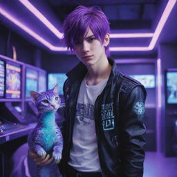 A purple-haired anime boy with a rogue-like gamer aura, accompanied by his pet viper. They're standing tall in a high-tech gaming room, neon lights reflecting off the snake's glossy scales.