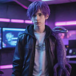 A purple-haired anime boy with a rogue-like gamer aura, accompanied by his pet viper. They're standing tall in a high-tech gaming room, neon lights reflecting off the snake's glossy scales.