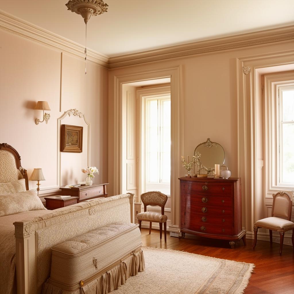 A traditional, classic bedroom with tasteful furniture, pastel coloured walls and warm, soft lighting illuminating antique accents.