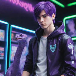 A purple-haired anime boy with a rogue-like gamer aura, accompanied by his pet viper. They're standing tall in a high-tech gaming room, neon lights reflecting off the snake's glossy scales.