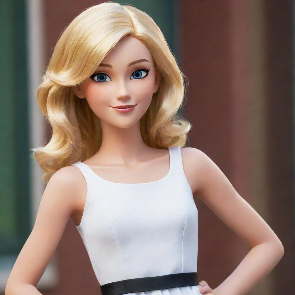 Transform Chloe Bourgeois from Miraculous Ladybug once again. Now envision her as a 15-year-old, standing in front of her school in a chic white dress. Her blonde hair has grown longer, falling in soft, wavy tresses.