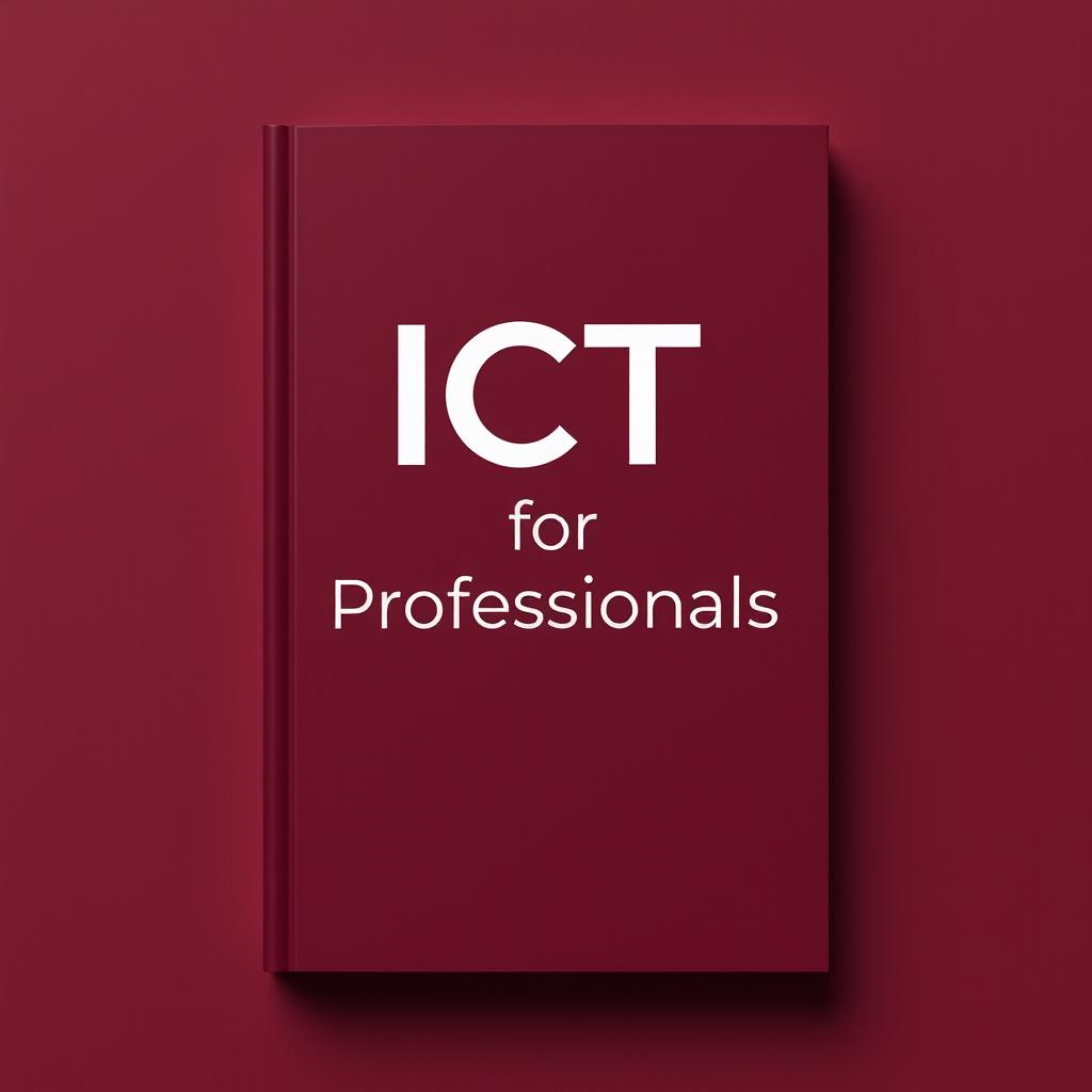 Book cover design for 'ICT for Professionals', showcasing a dark maroon color aesthetic