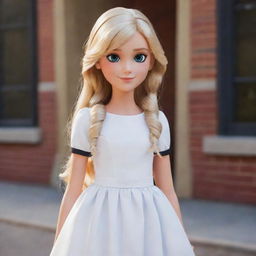 Transform Chloe Bourgeois from Miraculous Ladybug once again. Now envision her as a 15-year-old, standing in front of her school in a chic white dress. Her blonde hair has grown longer, falling in soft, wavy tresses.