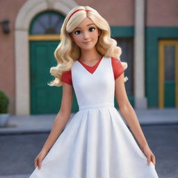 Transform Chloe Bourgeois from Miraculous Ladybug once again. Now envision her as a 15-year-old, standing in front of her school in a chic white dress. Her blonde hair has grown longer, falling in soft, wavy tresses.