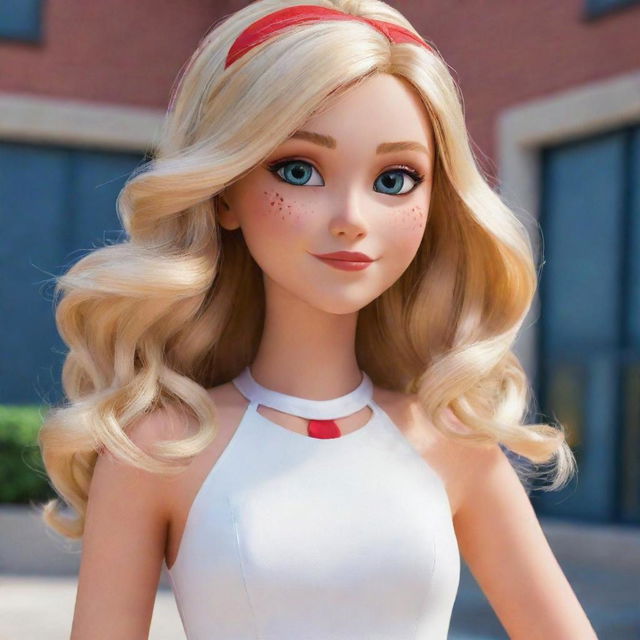 Transform Chloe Bourgeois from Miraculous Ladybug once again. Now envision her as a 15-year-old, standing in front of her school in a chic white dress. Her blonde hair has grown longer, falling in soft, wavy tresses.