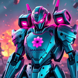 A futuristic battle robot with sleek metallic armor, featuring pink glowing eyes that give it a striking appearance