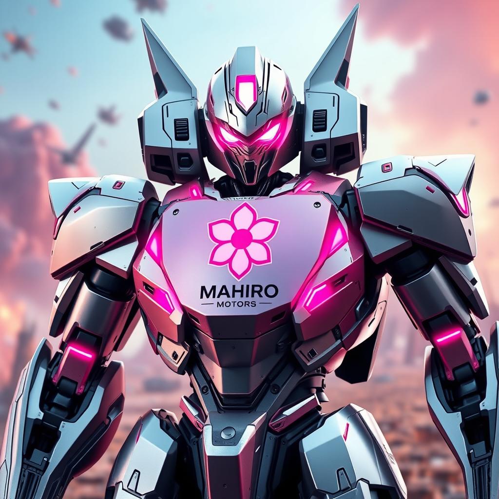 A futuristic battle robot with sleek metallic armor, featuring pink glowing eyes that give it a striking appearance