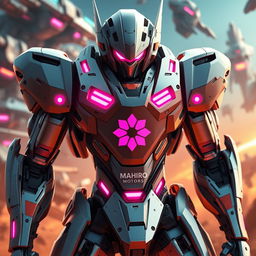 A futuristic battle robot with sleek metallic armor, featuring pink glowing eyes that give it a striking appearance