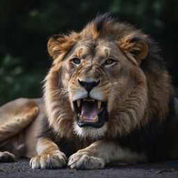 A haunting 8K resolution image of a lion lying, its mouth agape with droplets of viscous saliva hanging from its razor sharp teeth, all enveloped in a brooding, gloomy shadow.