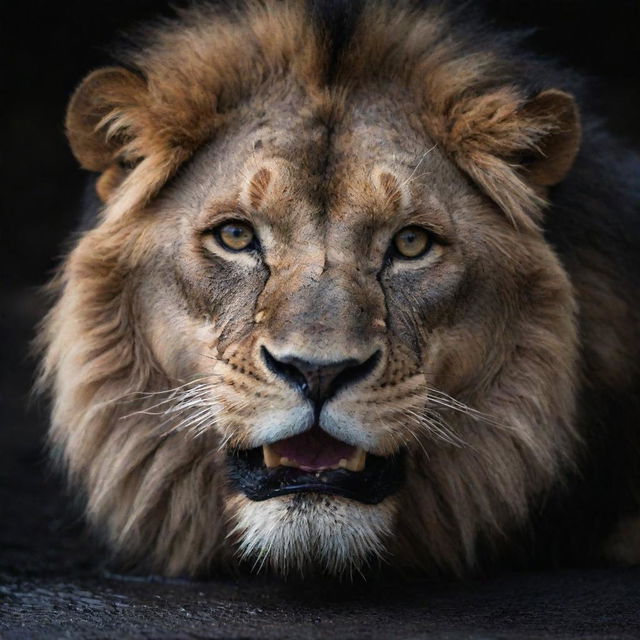 A haunting 8K resolution image of a lion lying, its mouth agape with droplets of viscous saliva hanging from its razor sharp teeth, all enveloped in a brooding, gloomy shadow.