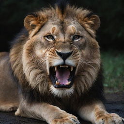 A haunting 8K resolution image of a lion lying, its mouth agape with droplets of viscous saliva hanging from its razor sharp teeth, all enveloped in a brooding, gloomy shadow.