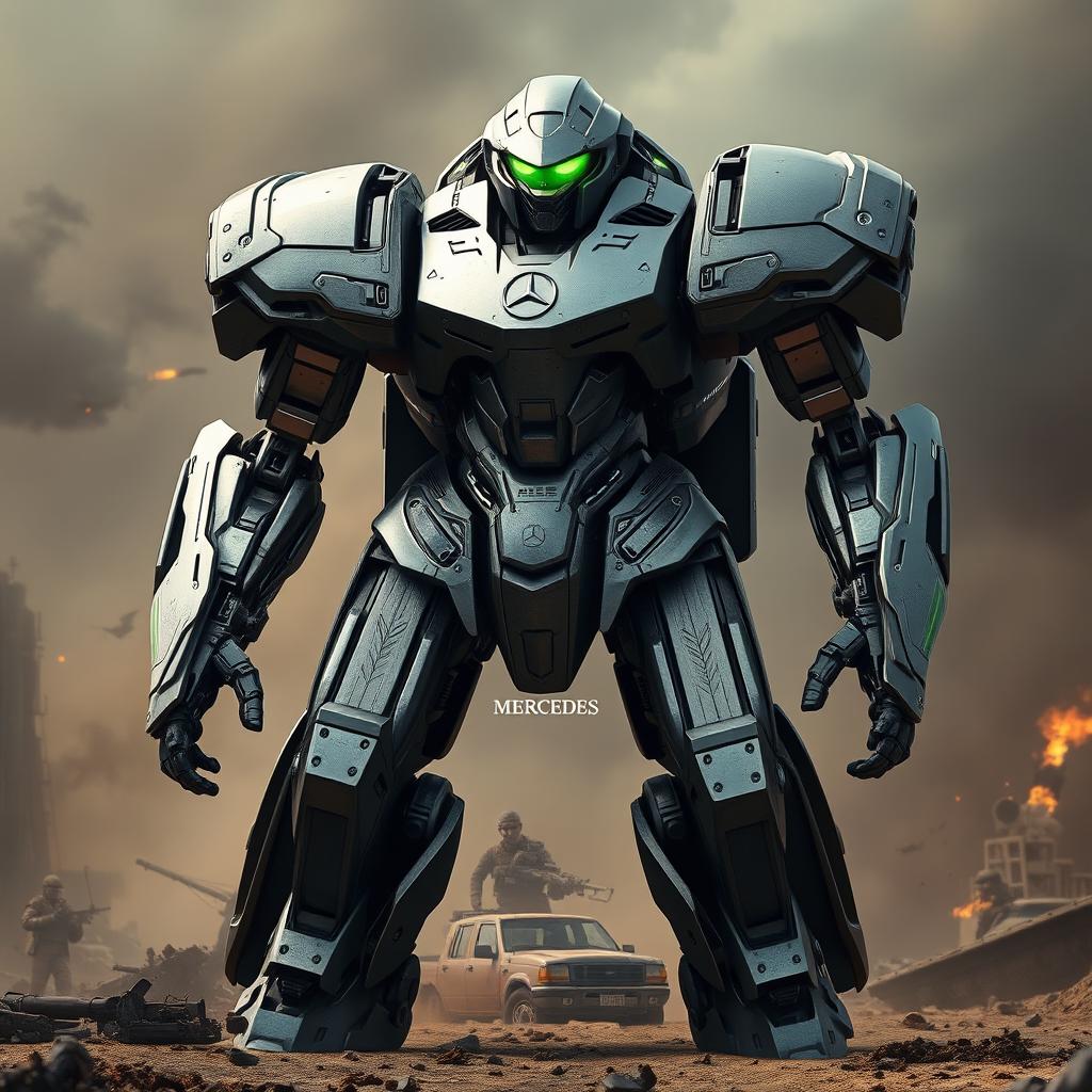 A futuristic battle robot featuring sleek metallic armor, standing tall and imposing, with vibrant green glowing eyes that exude a menacing yet intelligent aura