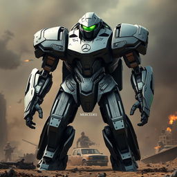 A futuristic battle robot featuring sleek metallic armor, standing tall and imposing, with vibrant green glowing eyes that exude a menacing yet intelligent aura