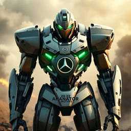 A futuristic battle robot featuring sleek metallic armor, standing tall and imposing, with vibrant green glowing eyes that exude a menacing yet intelligent aura