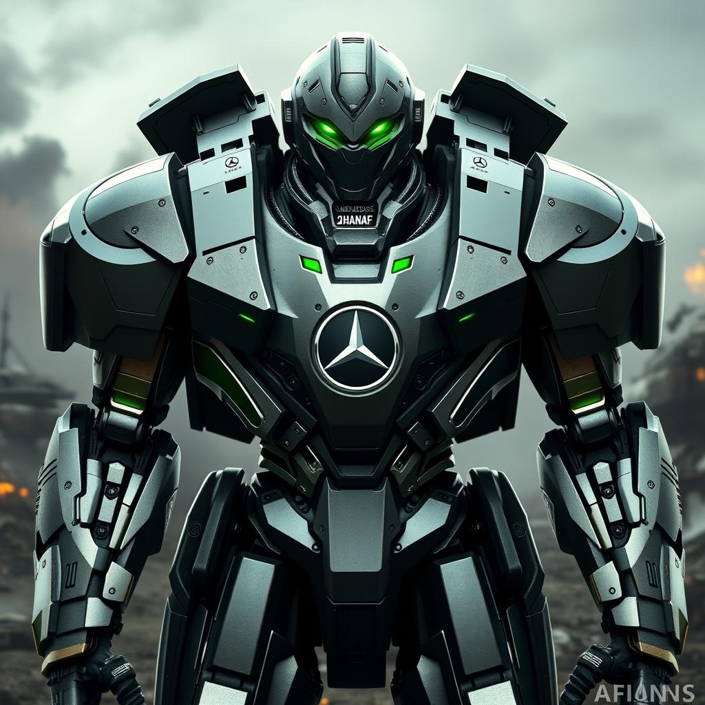 A futuristic battle robot featuring sleek metallic armor, standing tall and imposing, with vibrant green glowing eyes that exude a menacing yet intelligent aura