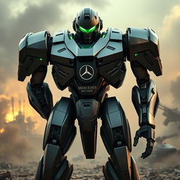 A futuristic battle robot featuring sleek metallic armor, standing tall and imposing, with vibrant green glowing eyes that exude a menacing yet intelligent aura