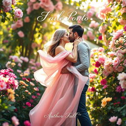 A romantic book cover featuring a passionate couple in a lush, vibrant garden