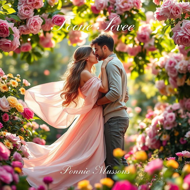 A romantic book cover featuring a passionate couple in a lush, vibrant garden