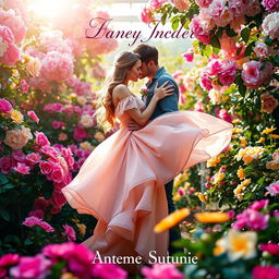 A romantic book cover featuring a passionate couple in a lush, vibrant garden