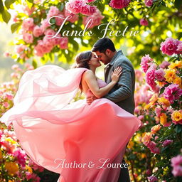 A romantic book cover featuring a passionate couple in a lush, vibrant garden