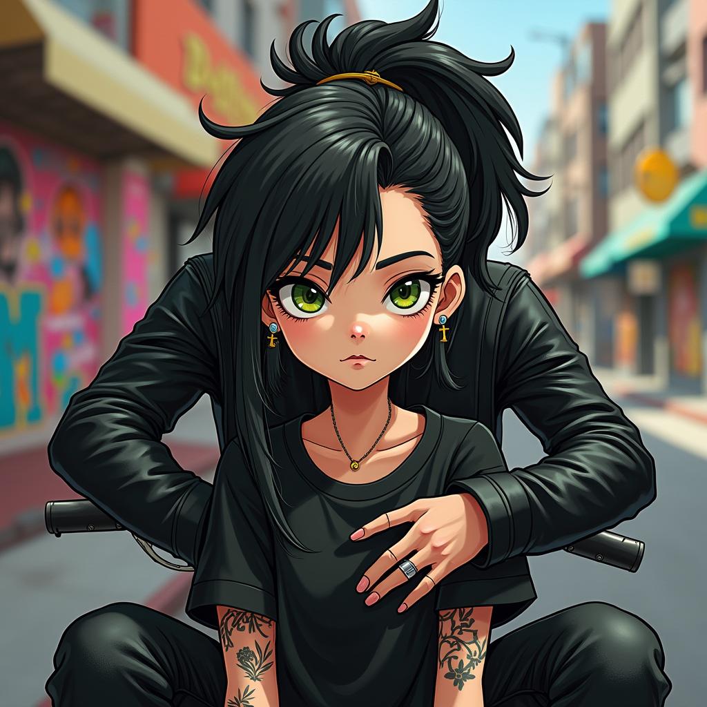 An animated teenage character with black hair featuring blonde highlights, striking green eyes, and a nose piercing