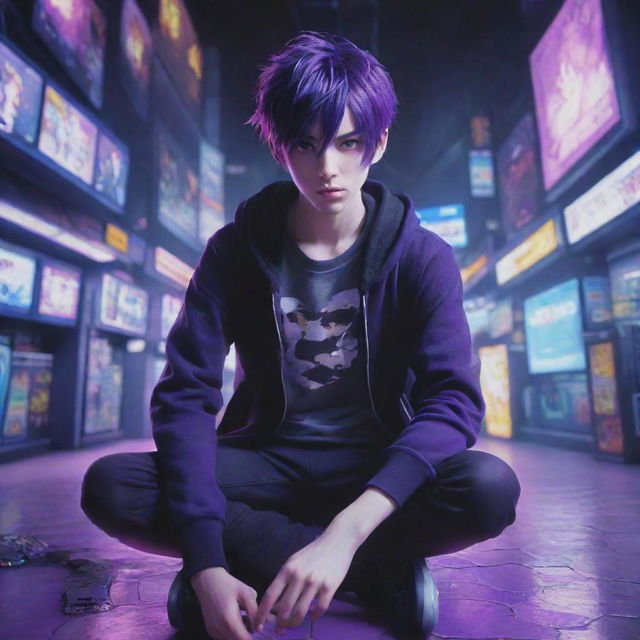 A striking image of a purple-haired anime boy in a distinctive gamer style, deeply immersed in a virtual game. Alongside him, his loyal pet viper displays a mysterious glow, both set within a vividly intricate anime environment.