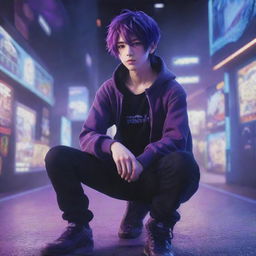 A striking image of a purple-haired anime boy in a distinctive gamer style, deeply immersed in a virtual game. Alongside him, his loyal pet viper displays a mysterious glow, both set within a vividly intricate anime environment.