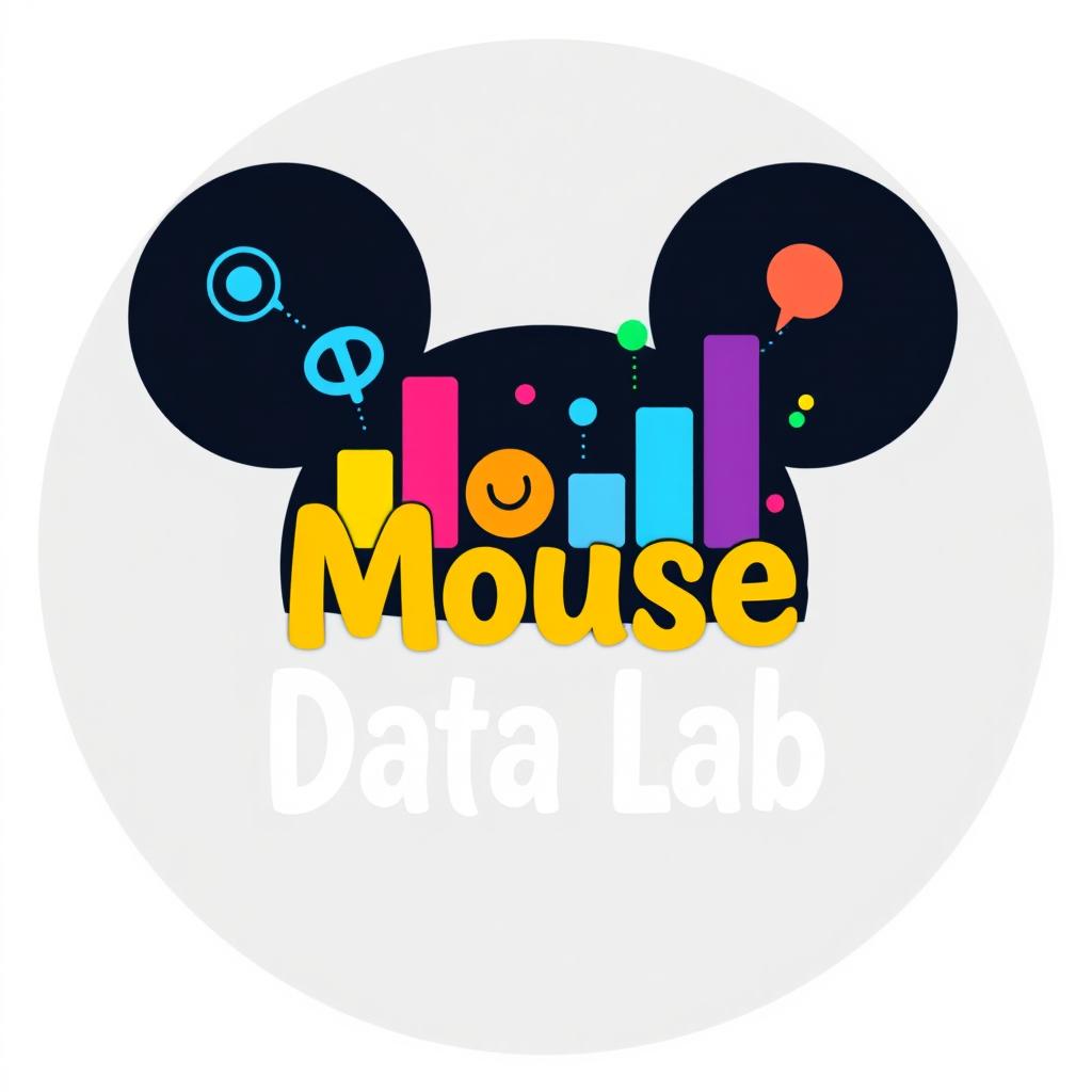 A logo design for an Instagram account named 'Mouse Data Lab', dedicated to data analytics, metrics, and numbers from Disney Parks worldwide, infused with a playful Pixar vibe