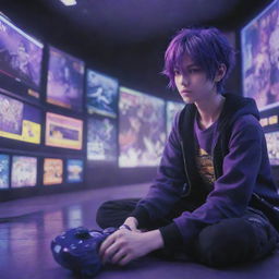 A striking image of a purple-haired anime boy in a distinctive gamer style, deeply immersed in a virtual game. Alongside him, his loyal pet viper displays a mysterious glow, both set within a vividly intricate anime environment.