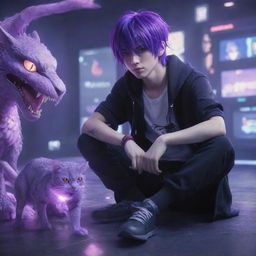 A striking image of a purple-haired anime boy in a distinctive gamer style, deeply immersed in a virtual game. Alongside him, his loyal pet viper displays a mysterious glow, both set within a vividly intricate anime environment.