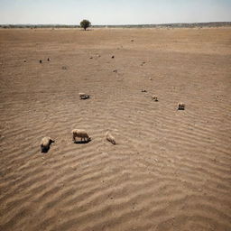 A grim representation of a drought-stricken Earth where farm animals have perished due to the lack of water and green pastures