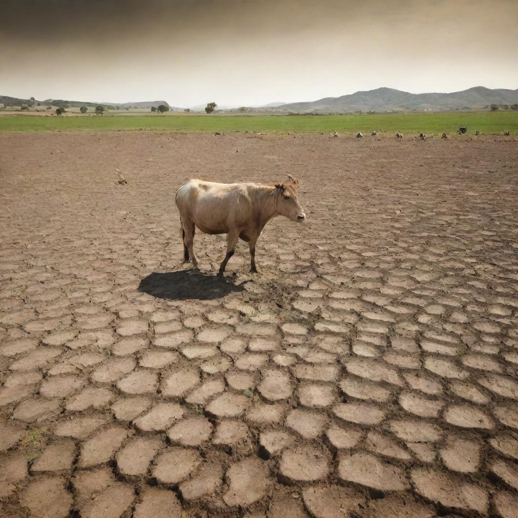 A grim representation of a drought-stricken Earth where farm animals have perished due to the lack of water and green pastures