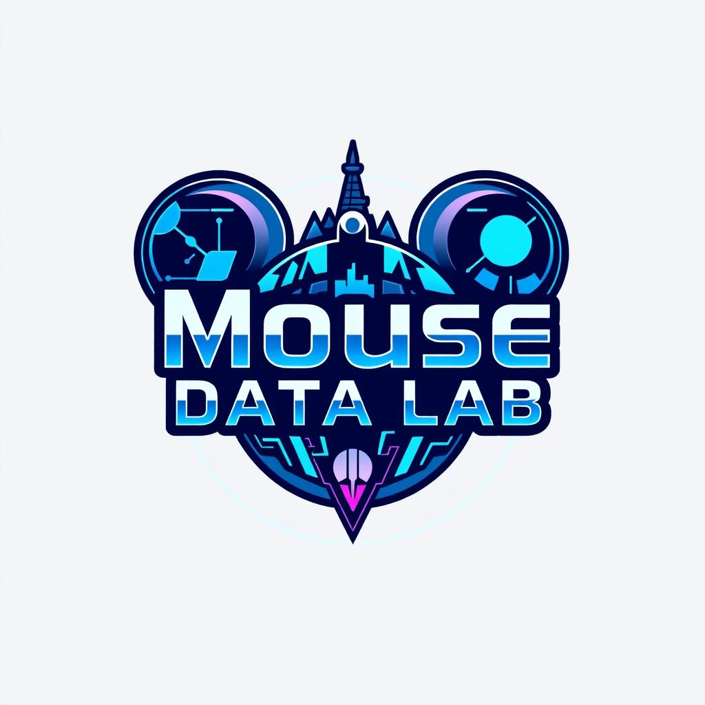 A logo design for an Instagram account called 'Mouse Data Lab', focusing on data analytics, metrics, and numbers from Disney Parks globally, infused with a Tomorrowland vibe