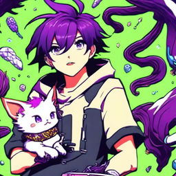 A captivating profile picture of an anime-style gamer boy with vibrant purple hair. He's accompanied by his pet viper, showcasing a dynamic energy within an immersive anime gaming environment.