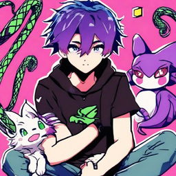 A captivating profile picture of an anime-style gamer boy with vibrant purple hair. He's accompanied by his pet viper, showcasing a dynamic energy within an immersive anime gaming environment.